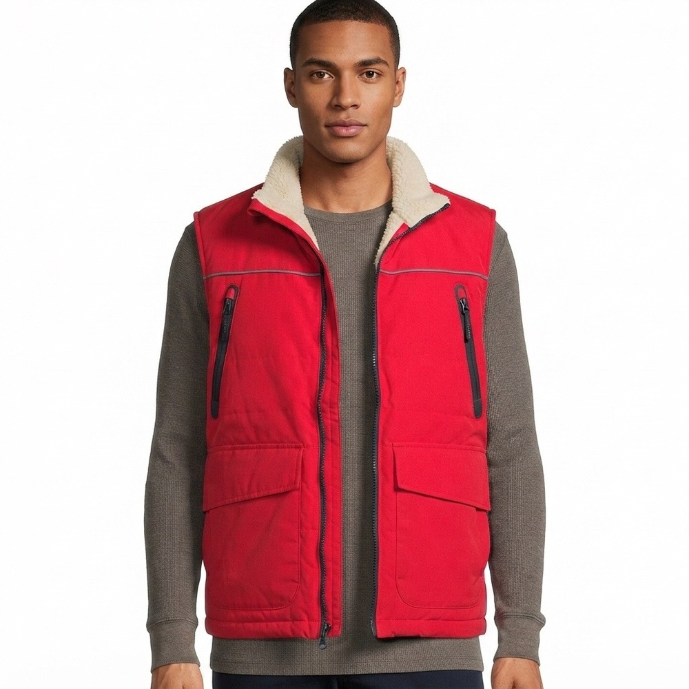 Lands End Vest Mens Large Sherpa Lined Utility Vest‎ Red Nylon Full Zip Pockets